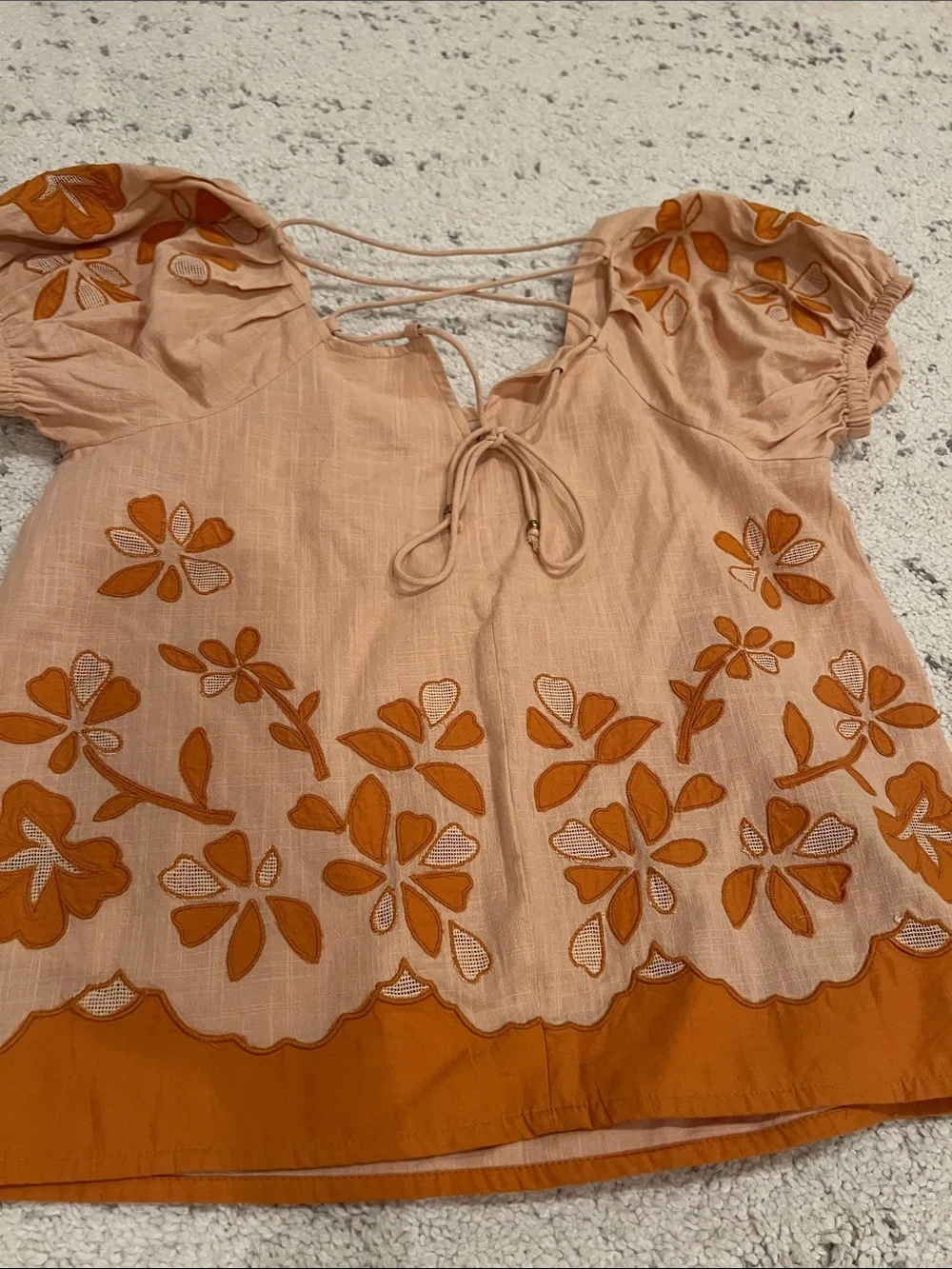 Madewell Peach Top with Orange Floral Embroidery